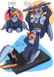 Size: 2039x2893 | Tagged: safe, artist:meliciamelano, derpibooru import, rainbow dash, anthro, plantigrade anthro, abdominal, armpits, clothes, exercise, high res, jewelry, mat, numbers, plank, planking, ponytail, pull up, sweat, workout, workout outfit