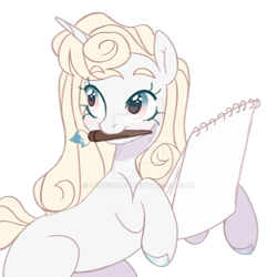 Size: 1280x1280 | Tagged: safe, artist:lynesssan, derpibooru import, oc, oc only, pony, unicorn, deviantart watermark, female, heart eyes, mare, mouth hold, obtrusive watermark, pad, paintbrush, simple background, solo, transparent background, watermark, wingding eyes