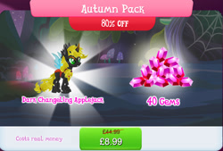 Size: 1270x856 | Tagged: safe, derpibooru import, applejack, changeling, advertisement, appleling, bundle, changelingified, costs real money, english, female, gameloft, gem, horn, insect wings, mushroom, numbers, official, sale, species swap, text, wings