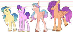 Size: 1280x566 | Tagged: safe, artist:primrosepaper, derpibooru import, oc, oc only, oc:darling petals, oc:honey blossom, oc:jazz, oc:swift justice, earth pony, pegasus, pony, coat markings, facial markings, feathered fetlocks, female, grin, male, mare, offspring, pale belly, parent:hitch trailblazer, parent:pipp petals, parents:hitchpipp, siblings, simple background, smiling, snip (coat marking), stallion, unshorn fetlocks, white background