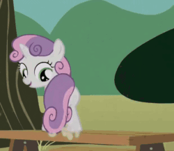 Size: 618x536 | Tagged: safe, derpibooru import, screencap, sweetie belle, pony, unicorn, the show stoppers, animated, butt, butt shake, cute, diasweetes, dirt, dust particles, dusting, female, filly, foal, i watch it for the plot, open mouth, picnic table, plot, prehensile tail, singing, smiling, solo, sweepy belle, sweetie butt, table, tail, tail whip, tree