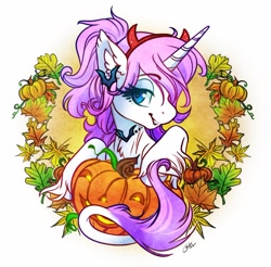 Size: 2921x2875 | Tagged: safe, artist:opalacorn, derpibooru import, oc, oc only, pony, unicorn, autumn, ear fluff, ears, female, halloween, jack-o-lantern, leaves, mare, smiling, solo, unshorn fetlocks