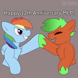 Size: 2000x2000 | Tagged: safe, artist:kaifurry, derpibooru import, rainbow dash, oc, oc:kp, earth pony, pegasus, pony, duo, happy birthday mlp:fim, high res, mlp fim's twelfth anniversary, unshorn fetlocks