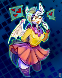 Size: 2362x2952 | Tagged: safe, artist:katefeysh, derpibooru import, oc, oc only, anthro, bat pony, pony, undead, vampire, vampony, bat pony oc, blushing, clothes, ear piercing, eyes closed, female, glasses, heart, piercing, school uniform, schoolgirl, skirt, smiling, socks, solo, speech bubble, thigh highs, zettai ryouiki