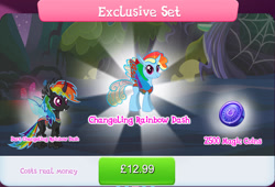 Size: 1272x864 | Tagged: safe, derpibooru import, rainbow dash, changedling, changeling, bundle, changelingified, costs real money, dashling, english, female, gameloft, horn, insect wings, magic coins, mushroom, numbers, official, sale, species swap, text, wings