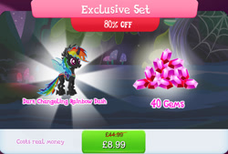 Size: 1268x858 | Tagged: safe, derpibooru import, rainbow dash, changeling, bundle, changelingified, costs real money, dashling, english, female, gameloft, gem, horn, insect wings, mushroom, numbers, official, sale, species swap, text, wings