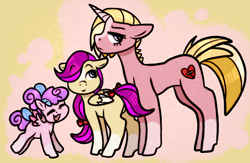 Size: 1906x1240 | Tagged: safe, artist:faerienougat, derpibooru import, oc, oc only, oc:fairy floss, oc:fairy slipper, oc:rose rebound, pegasus, pony, unicorn, bow, female, filly, foal, hair bow, mare, mother and child, mother and daughter, parent and child, ponytail, tail, tail bow