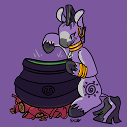 Size: 2000x2000 | Tagged: safe, artist:shiiiny, derpibooru import, zecora, zebra, g4, cauldron, glowing, jewelry, potion, potion making, signature, unshorn fetlocks