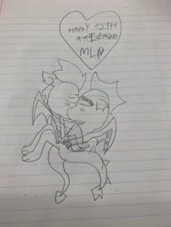 Size: 3024x4032 | Tagged: safe, artist:enperry88, derpibooru import, fizzle, garble, dragon, anniversary, blushing, garbizzle, gay, happy birthday mlp:fim, heart, kissing, lined paper, male, mlp fim's twelfth anniversary, paper, shipping, sketch, teenaged dragon, traditional art
