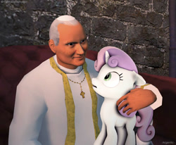 Size: 1280x1054 | Tagged: safe, artist:mlpfbismagic, derpibooru import, sweetie belle, human, pony, unicorn, 3d, cross, cursed image, female, mare, pope, st. john paul ii