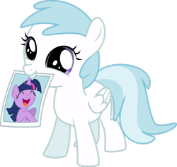 Size: 1078x1024 | Tagged: safe, derpibooru import, cotton cloudy, twilight sparkle, pegasus, pony, season 4, trade ya, cotton cloudy reveals, cottonbetes, cute, daaaaaaaaaaaw, dilated pupils, female, filly, foal, folded wings, hnnng, mouth hold, photo, simple background, solo, transparent background, twiabetes, vector, weapons-grade cute, wings