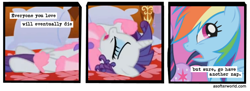Size: 720x261 | Tagged: safe, edit, edited screencap, screencap, rainbow dash, rarity, twilight sparkle, pegasus, unicorn, suited for success, a softer world, bed, comic, female, lying down, mare, marshmelodrama, mortality blues, screencap comic, slippers, text