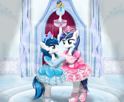 Size: 3300x2700 | Tagged: safe, artist:avchonline, flash sentry, shining armor, oc, oc:feathertrap, pegasus, pony, unicorn, ballerina, ballet, ballroom, bow, commission, crossdressing, crystal empire, crystal palace, cute, dancing, femboy, frilly, frilly dress, gay, jewelry, magical bondage, male, males only, music box, objectification, puffy sleeves, shiningtrap, shrunken ponies, sissy, slippers, tiara, traditional art, tutu