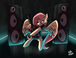 Size: 3000x2288 | Tagged: safe, artist:nyanakaru, derpibooru import, fluttershy, pegasus, pony, amplifier, bipedal, blue light, dark background, ear piercing, earring, female, flutterpunk, glow, gritted teeth, guitar, high res, hoof hold, jewelry, mare, musical instrument, one eye closed, piercing, pink hair, playing instrument, punk, punk rock, reflective floor, signature, solo, speakers, spread wings, stage, teeth