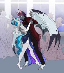 Size: 2008x2277 | Tagged: safe, artist:askbubblelee, oc, oc only, oc:bubble lee, oc:orpheus, anthro, bat pony, unguligrade anthro, unicorn, alternate universe, anthro oc, bat pony oc, clothes, crowd, dancing, digital art, dress, eyeshadow, fangs, female, freckles, horn, lipstick, looking at each other, looking at someone, makeup, male, mare, open-back dress, scar, side slit, smiling, stallion, straight, suit, unicorn oc, willowverse