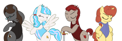 Size: 7007x2364 | Tagged: safe, artist:mlpmvguy, derpibooru import, oc, oc:fair devotion, oc:lawkeeper equity, oc:sonata, oc:sugar stamp, earth pony, pegasus, pony, unicorn, absurd resolution, bipedal, clothes, elements of justice, eyes closed, female, frown, mare, one-piece swimsuit, simple background, smiling, solo, spread wings, swimsuit, sword, transparent background, turnabout storm, vector, weapon, wings