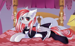 Size: 1202x741 | Tagged: safe, artist:freyamilk, derpibooru import, oc, oc only, oc:skyshard melody, pegasus, pony, bed, bedroom, clothes, commission, cute, ear piercing, female, folded wings, lying down, lying on bed, maid, maid headdress, mare, on bed, pegasus oc, piercing, red eyes, serious, serious face, solo, stockings, tail, thigh highs, unamused, white fur, wings, ych result