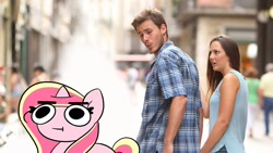 Size: 1920x1080 | Tagged: safe, alternate version, artist:kittyrosie, derpibooru import, oc, oc only, oc:rosa flame, human, pony, unicorn, cute, distracted boyfriend meme, horn, meme, ocbetes, solo, squatpony, unicorn oc