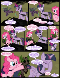 Size: 1042x1358 | Tagged: safe, artist:dendoctor, derpibooru import, mean twilight sparkle, pinkie pie, twilight sparkle, twilight sparkle (alicorn), alicorn, earth pony, pony, timber wolf, comic:clone.., g4, alternate universe, bag, bottle, clone, comic, everfree forest, facehoof, female, glowing, glowing horn, horn, magic, mare, pinkie clone, saddle bag, telekinesis