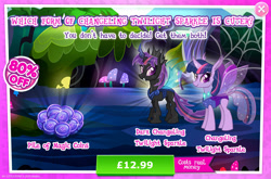 Size: 1960x1297 | Tagged: safe, derpibooru import, twilight sparkle, changedling, changeling, advertisement, changelingified, costs real money, english, female, gameloft, horn, insect wings, magic coins, mushroom, numbers, official, sale, species swap, text, twiling, wings