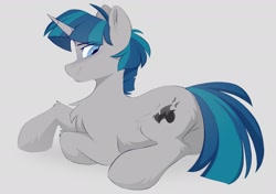 Size: 1886x1330 | Tagged: safe, artist:crimmharmony, derpibooru import, stygian, pony, unicorn, butt, chest fluff, cute, eye clipping through hair, gray background, looking back, lying down, male, missing accessory, plot, simple background, solo, stallion, stygianbetes