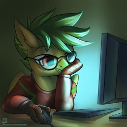 Size: 2000x2000 | Tagged: safe, artist:jedayskayvoker, derpibooru import, oc, oc only, oc:galder rust, griffon, computer, glasses, old version, raffle prize, solo