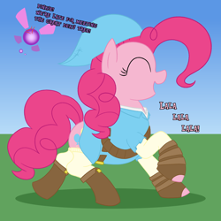 Size: 2500x2500 | Tagged: safe, artist:legendoflink, derpibooru import, pinkie pie, earth pony, pony, angry, clothes, costume, cross-popping veins, dialogue, emanata, fairy, female, gloves, high res, mare, navi, open mouth, pinktober, simple background, smiling, socks, solo, the legend of zelda, walking