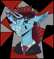 Size: 2843x3102 | Tagged: safe, artist:coda, derpibooru import, oc, oc only, oc:coda, pony, unicorn, abstract background, clothes, edgy, fangs, necktie, solo, suit