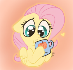 Size: 2004x1930 | Tagged: safe, artist:flutterbug18, derpibooru import, fluttershy, pegasus, pony, :t, cute, ears, eggnog, female, floppy ears, hoof hold, mare, mug, orange background, shyabetes, simple background, solo