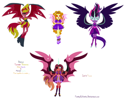 Size: 2160x1720 | Tagged: safe, artist:prettycelestia, derpibooru import, adagio dazzle, midnight sparkle, sunset satan, sunset shimmer, twilight sparkle, oc, oc:lamia tsura, siren, equestria girls, fusion, gem, glowing, glowing horn, horn, simple background, siren gem, sirenified, species swap, white background