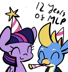 Size: 1420x1496 | Tagged: safe, artist:derp pone, derpibooru import, gallus, twilight sparkle, twilight sparkle (alicorn), alicorn, griffon, pony, ^^, anniversary, cute, duo, eyes closed, gallabetes, happy, happy birthday mlp:fim, hat, mlp fim's twelfth anniversary, party hat, party horn, simple background, smiling, twiabetes, white background