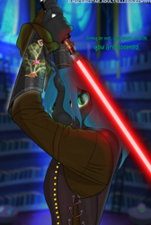 Size: 2760x4098 | Tagged: safe, artist:killerqueen1911, derpibooru import, queen chrysalis, anthro, changeling, antagonist, armor, battle stance, black coat, blade, bracer, clothes, crossover, dark jedi, element of generosity, element of honesty, element of kindness, element of laughter, element of loyalty, element of magic, elements of harmony, eyelashes, eyeliner, eyeshadow, fangs, female, general grievous, glowing, glowing eyes, horn, laser, leather, leather armor, leather straps, lightsaber, looking at you, makeup, mare, pose, saber, sith, solo, solo female, star wars, star wars: revenge of the sith, sword, villainess, weapon