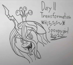 Size: 1549x1378 | Tagged: safe, artist:spoopygirl, derpibooru import, queen chrysalis, changeling, changeling queen, female, lineart, ponytober, ponytober 2022, signature, text, traditional art