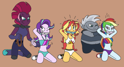 Size: 3252x1750 | Tagged: safe, artist:bugssonicx, derpibooru import, grubber, rainbow dash, starlight glimmer, sunset shimmer, tempest shadow, human, equestria girls, my little pony: the movie, arm behind head, bondage, cleave gag, cloth gag, clothes, converse, emanata, equestria girls-ified, gag, kinky, kneeling, one eye closed, shoes, swimsuit, tied up