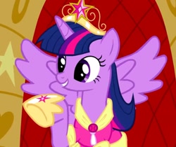 Size: 1283x1080 | Tagged: safe, derpibooru import, screencap, twilight sparkle, twilight sparkle (alicorn), alicorn, big crown thingy, clothes, coronation dress, cropped, dress, element of magic, jewelry, regalia, solo