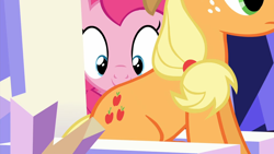 Size: 1920x1080 | Tagged: safe, derpibooru import, screencap, applejack, pinkie pie, earth pony, pony, season 5, what about discord?, 1080p, cutie mark, duo, eyes on the prize, female, great moments in animation, mare, out of context, sitting