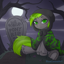 Size: 2048x2048 | Tagged: safe, artist:bluecocoaart, derpibooru import, oc, bat pony, pony, cape, clothes, commission, grave, gravestone, graveyard, moon, night, sitting, solo, your character here