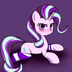 Size: 1024x1024 | Tagged: safe, derpibooru import, generator:stable diffusion, machine learning generated, starlight glimmer, pony, unicorn, blushing, clothes, cute, female, glimmerbetes, looking at you, mare, socks, solo, striped socks, unamused