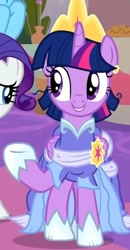 Size: 313x600 | Tagged: safe, derpibooru import, screencap, rainbow dash, rarity, twilight sparkle, twilight sparkle (alicorn), alicorn, pegasus, pony, unicorn, the last problem, clothes, coronation dress, cropped, crown, dress, jewelry, regalia, second coronation dress