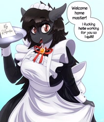 Size: 1741x2048 | Tagged: safe, artist:replica, derpibooru import, oc, oc:replica, anthro, earth pony, breasts, clothes, dialogue, dress, female, looking at you, maid, open mouth, rule 63, solo, speech bubble, talking to viewer, text, thighs, vulgar, wide hips