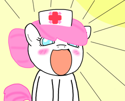 Size: 1118x904 | Tagged: artist needed, source needed, safe, derpibooru import, nurse redheart, earth pony, anime, blushing, cute, heartabetes, no pupils, reaction image, simple background, smiling, yellow background