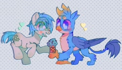 Size: 1640x950 | Tagged: safe, artist:bug-roux, derpibooru import, gallus, sandbar, earth pony, griffon, pony, eye clipping through hair, food, gallbar, gay, heart, ice cream, male, one eye closed, shipping, wink