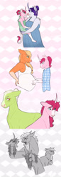 Size: 1280x3715 | Tagged: safe, artist:s0ftserve, derpibooru import, applejack, granny smith, rarity, oc, oc:azalea, anthro, pony, clothes, dress, magical lesbian spawn, offspring, parent:applejack, parent:rarity, parents:rarijack, pregnant, shirt