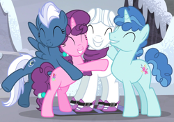 Size: 1187x834 | Tagged: safe, derpibooru import, screencap, double diamond, night glider, party favor, sugar belle, earth pony, pegasus, pony, unicorn, the cutie map, ^^, bipedal, clothes, cropped, cute, daaaaaaaaaaaw, double dawwmond, equal four, eyes closed, favorbetes, female, fixed, glideabetes, group hug, happy, hug, male, mare, scarf, skis, smiling, stallion, sugarbetes