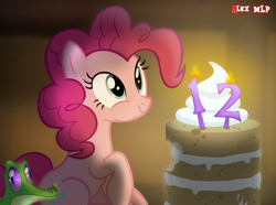 Size: 970x720 | Tagged: safe, artist:alex mlp, derpibooru import, edit, edited screencap, screencap, gummy, pinkie pie, alligator, earth pony, pony, cake, candle, food, happy birthday mlp:fim, mlp fim's twelfth anniversary