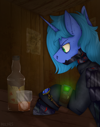 Size: 2300x2900 | Tagged: safe, artist:molars, derpibooru import, oc, oc:blast thunderbolt, fallout equestria, alcohol, amputee, artificial alicorn, artificial wings, augmented, bar, blue fur, commission, drinking, frown, male, metal, pipbuck, prosthetic limb, prosthetic wing, prosthetics, stallion, wanted poster, watch, whiskey, wings
