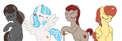 Size: 7007x2364 | Tagged: safe, alternate version, artist:mlpmvguy, derpibooru import, oc, oc:fair devotion, oc:lawkeeper equity, oc:sonata, oc:sugar stamp, earth pony, pegasus, pony, unicorn, absurd resolution, bipedal, elements of justice, eyes closed, female, frown, mare, simple background, smiling, solo, spread wings, sword, transparent background, turnabout storm, vector, weapon, wings