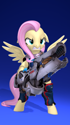 Size: 2160x3840 | Tagged: safe, artist:owlpirate, derpibooru import, fluttershy, pegasus, pony, 3d, 4k, angry, bipedal, ears back, female, gradient background, gritted teeth, gun, high res, mare, overwatch, scowl, solo, source filmmaker, spread wings, teeth, weapon, wings, zarya