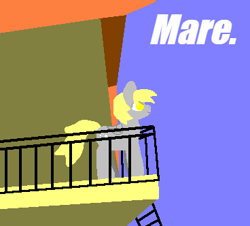 Size: 368x332 | Tagged: artist needed, source needed, safe, artist:castafae, derpibooru import, derpy hooves, pegasus, pony, g4, building, female, juan, mare, meme, minimalist, railing, simple background, sky, solo