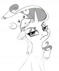 Size: 1776x2140 | Tagged: safe, artist:taneysha, derpibooru import, rarity, crab, pony, unicorn, ppov, chest fluff, ears, female, floppy ears, frown, lidded eyes, mare, monochrome, rarity is not amused, simple background, solo, unamused, white background